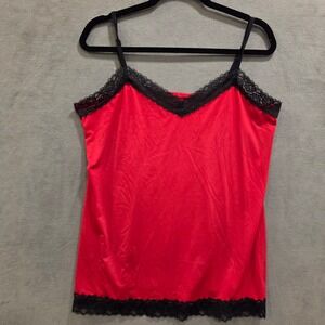 Y2K 90's V-Neck Satin Lace Trim Red Cami Top Womens XL Adjustable Straps Sultry